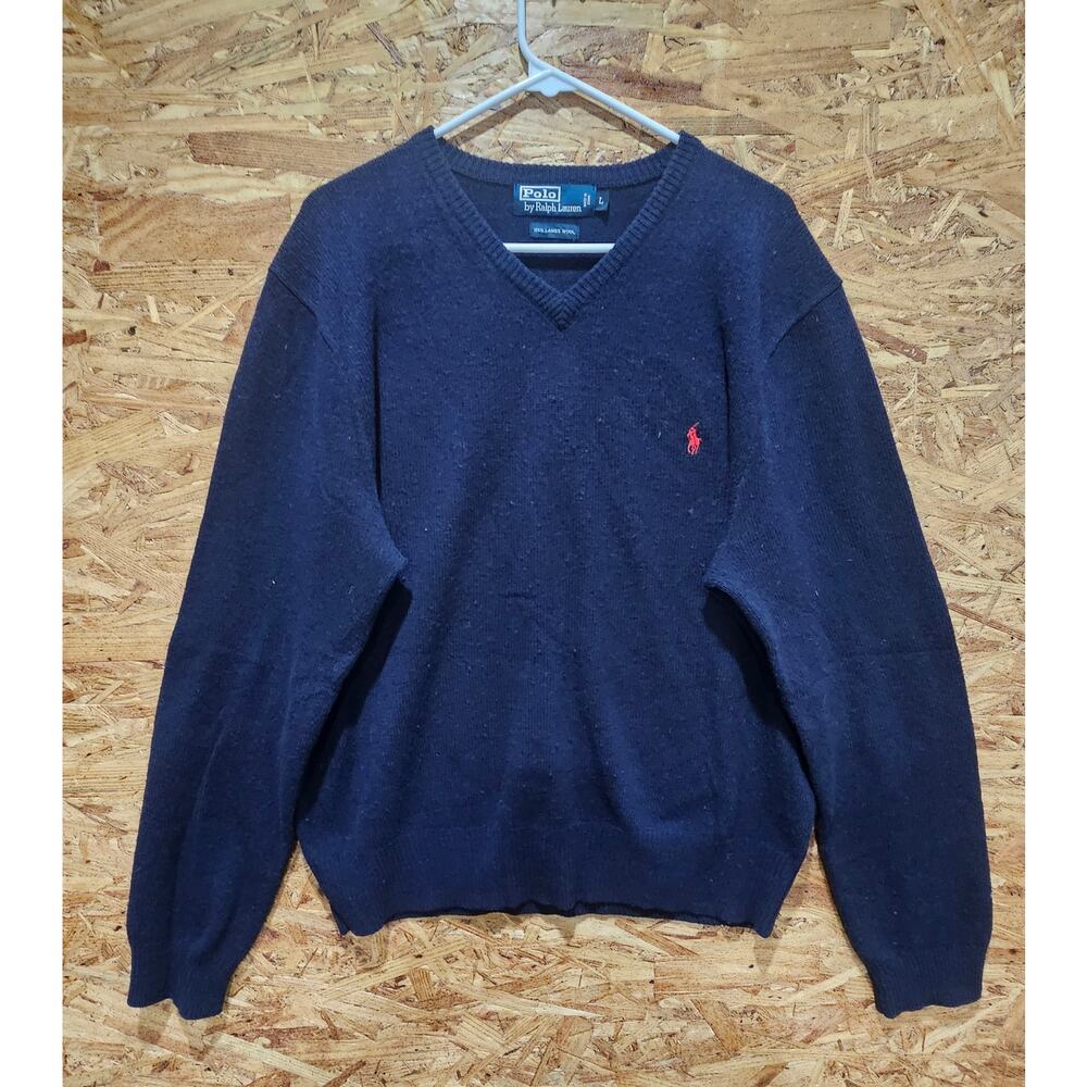 Y2K Polo Ralph Lauren Vintage Lambs Wool Blue V Neck Sweater Size Large